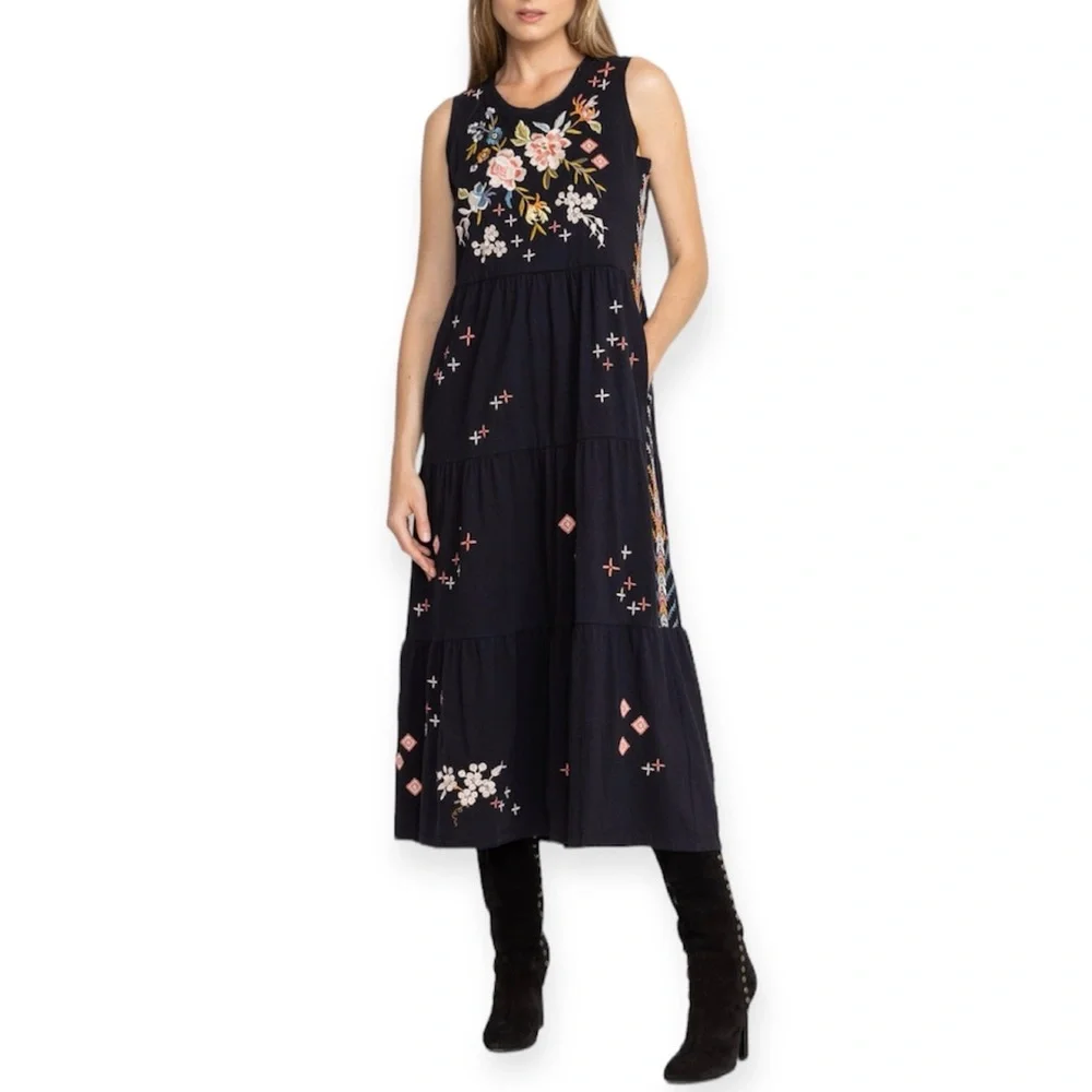 JOHNNY WAS Ceretti Dress Tiered Maxi Tank Dress Black Floral Embroidery NWT - Picture 3 of 10